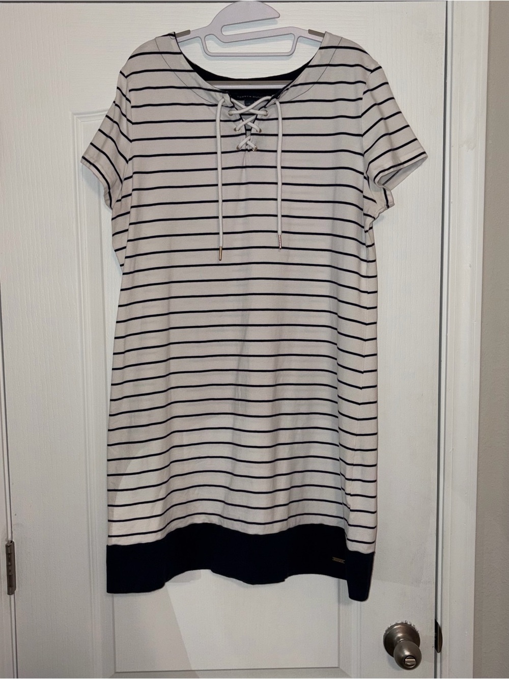 Tommy Hilfiger White Dress with Black Stripes and Black Hem Size XL